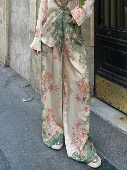 Oversized Loose Unique Printed Stretch Waist Wide Leg Pants