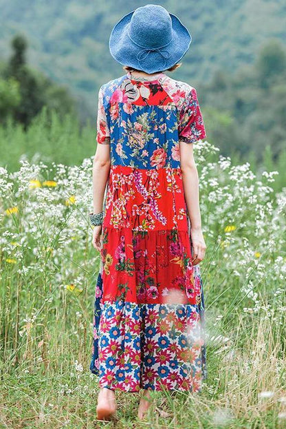 Print Splicing Short Sleeve 100% Cotton Dress