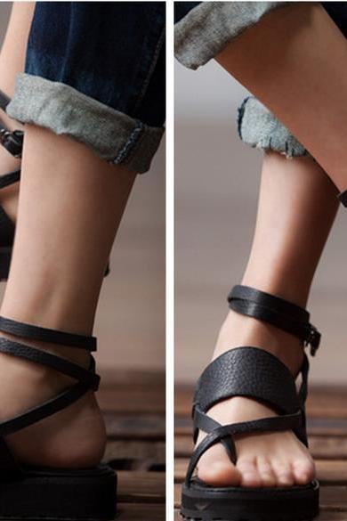 Summer Black Flat Strappy Sandals
