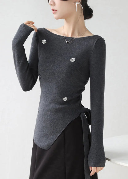 French Dark Grey Asymmetrical Sequins Knit Sweater Winter