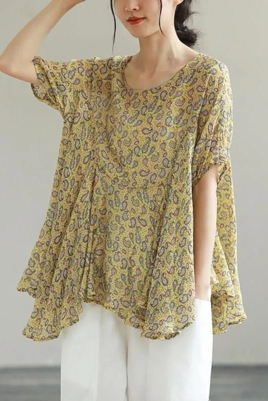 Leaf O Neck Irregular Print Loose T-shirt