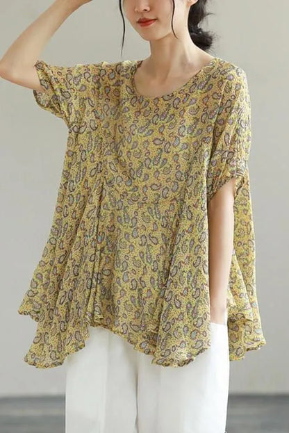 Leaf O Neck Irregular Print Loose T-shirt