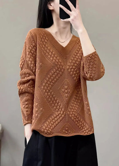 Simple Red V Neck Cotton Knit Sweaters Long Sleeve