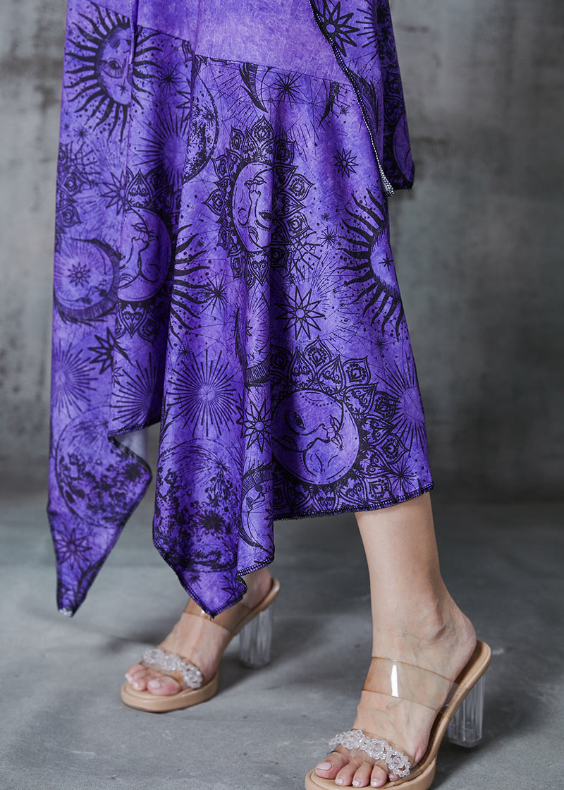 Purple Asymmetrical Print Cotton Halter Dress Summer