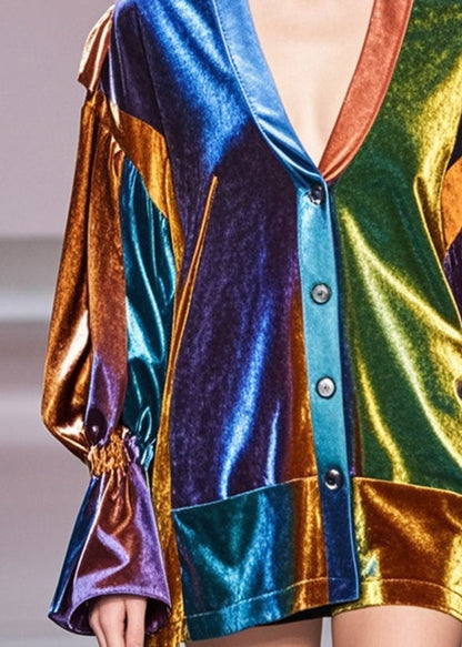 Multicolour V Neck Patchwork Silk Velvet Coats Fall