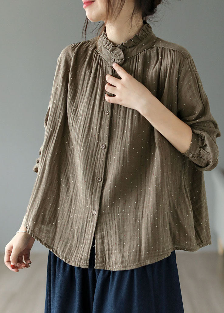 Diy Brown Stand Collar Ruffled Print Cotton Blouses Spring