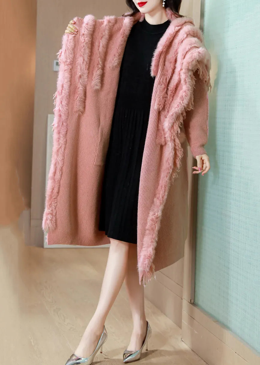 Pink Thick Knit Winter Cardigan Fox Collar