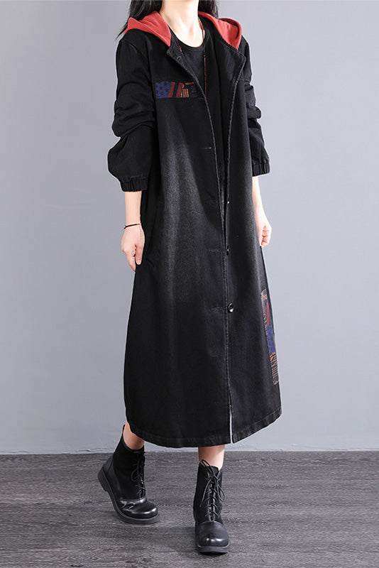 Hooded Patchwork Hooded Denim Jacket Long