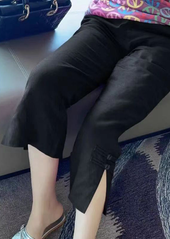 Black Cotton Summer Crop Pants High Waist