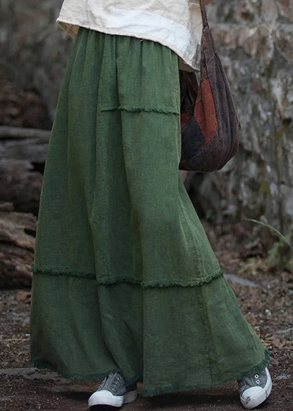 Green Pockets Raw Edge Patchwork Linen Skirt Spring