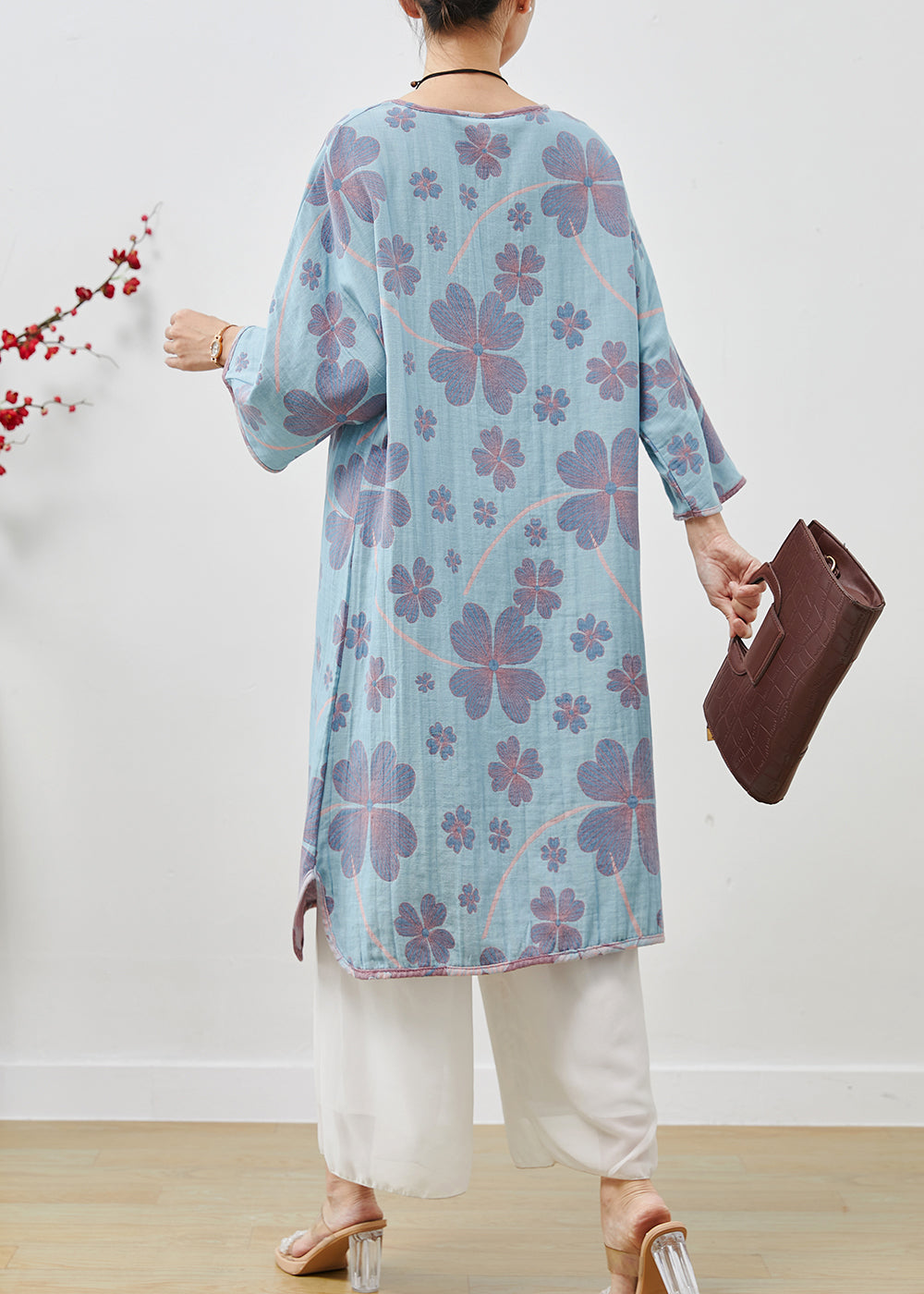 Blue Oversized Print Cotton Long Dresses Spring