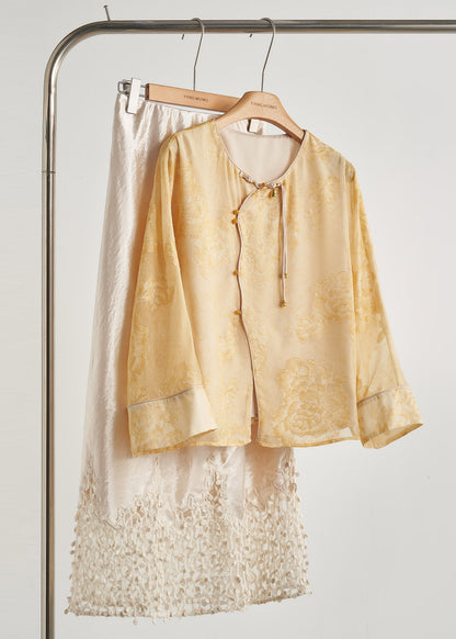 Yellow Tasseled Print Silk Coats Fall