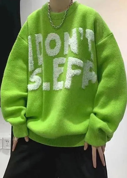 Stylish Green O Neck Letter Cozy Knit Sweaters Winter