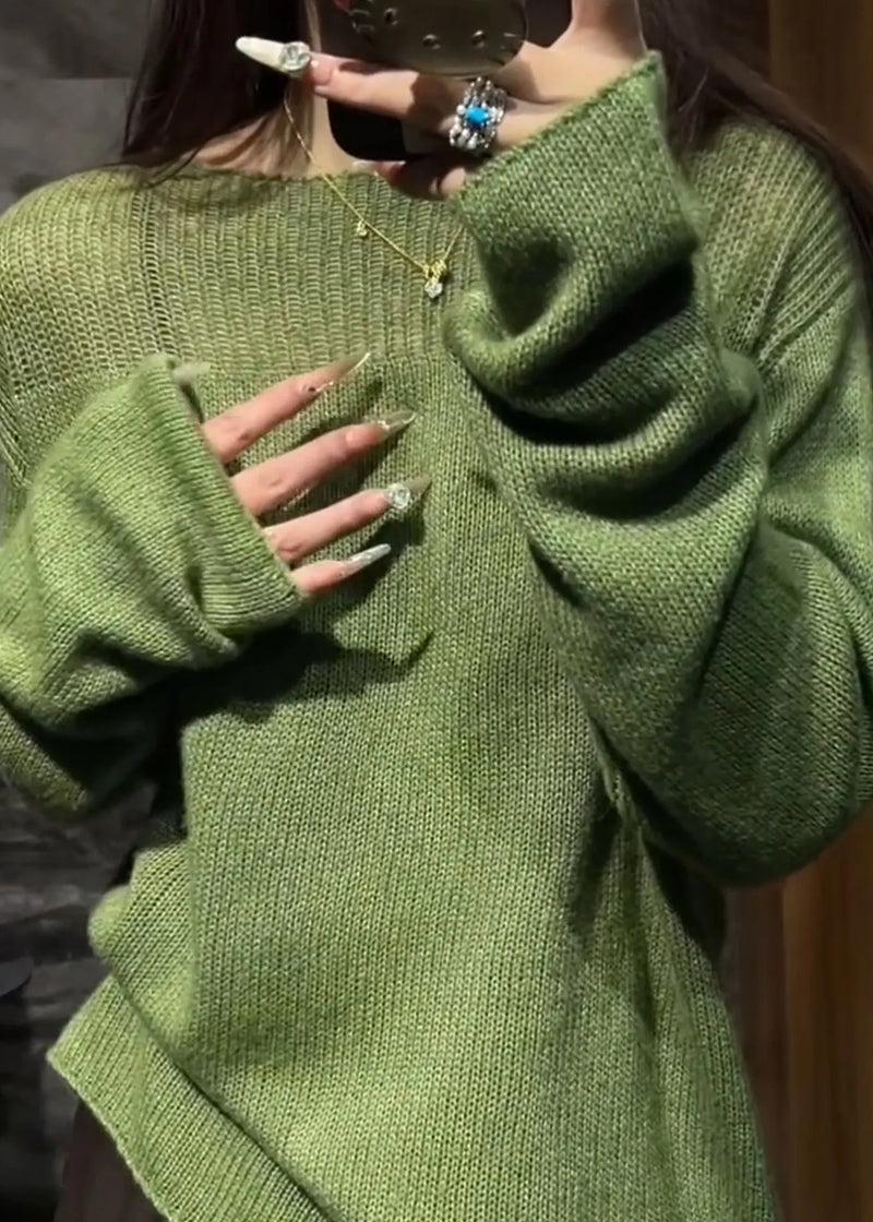 Green O Neck Hollow Out Cozy Knit Sweaters Fall
