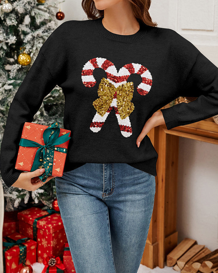 Christmas Candy Cane Bow Sequin Sweater