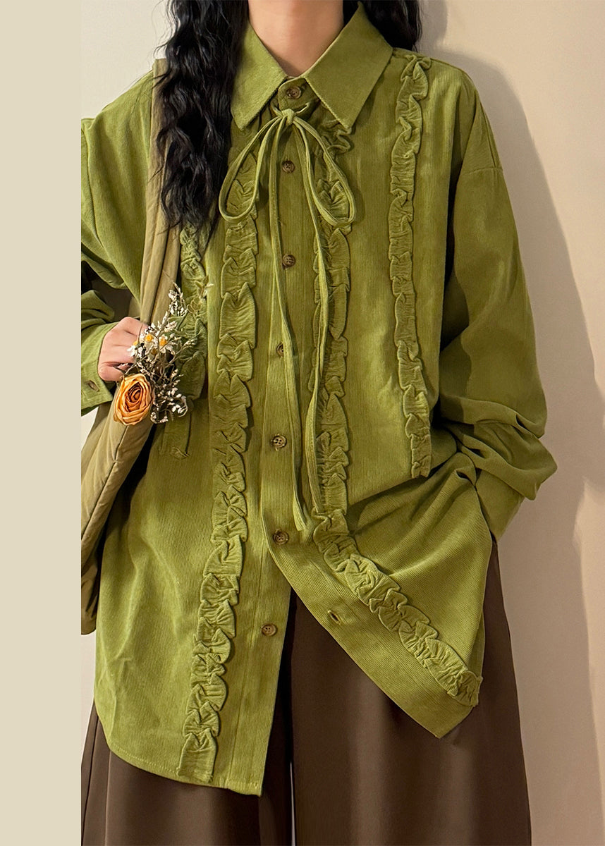 Green Ruffled Lace Up Cotton Shirt Top Spring