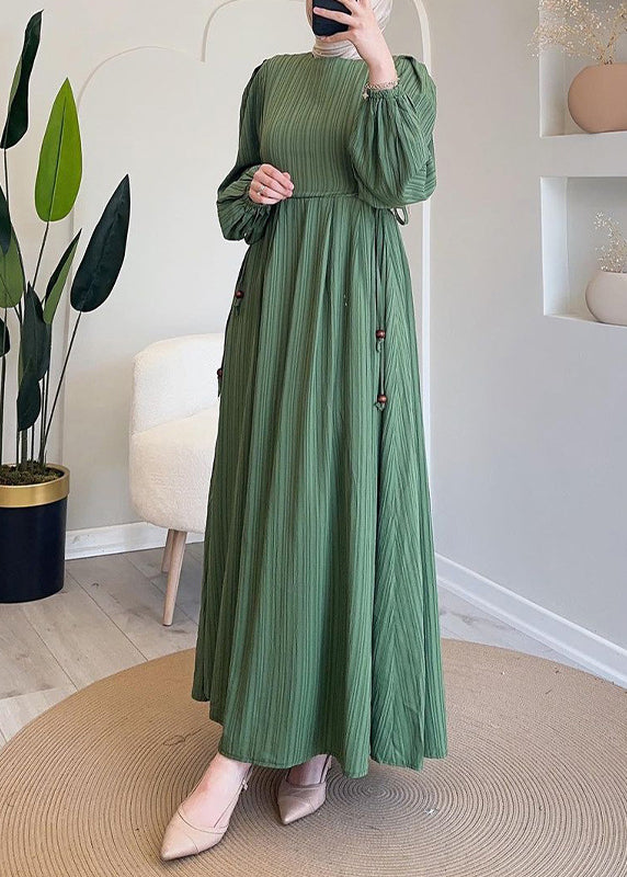 Green Wrinkled Lace Up Long Dress Fall