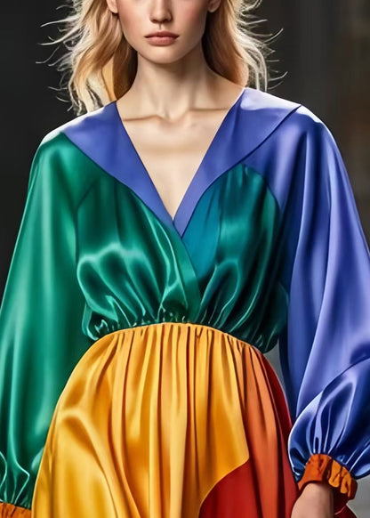 Colorblock V Neck Patchwork Silk Long Dress Spring