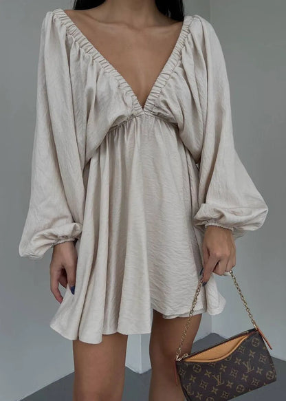Style Lantern Sleeve V Neck Short Dress