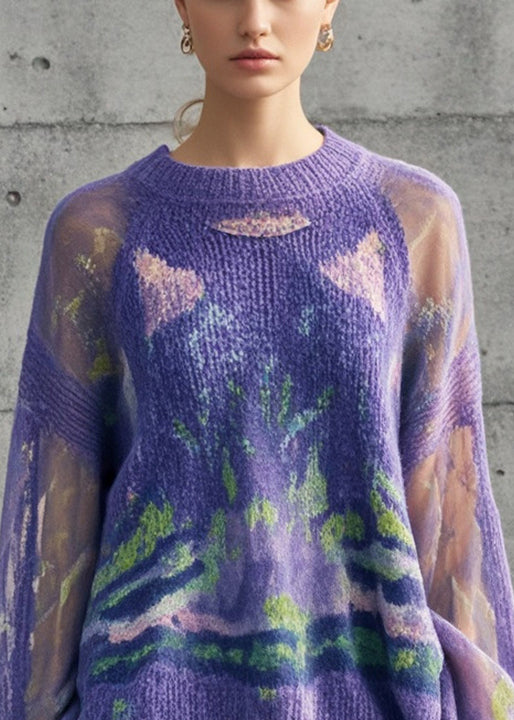 Purple Tie Dye Hollow Out Knit Pullover Fall
