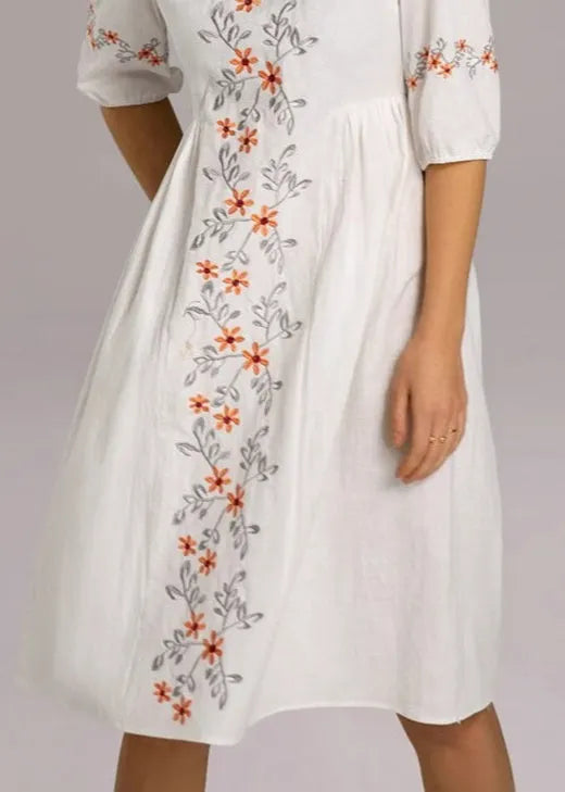 Loose White Embroidered Zippered Cotton Dresses Half Sleeve