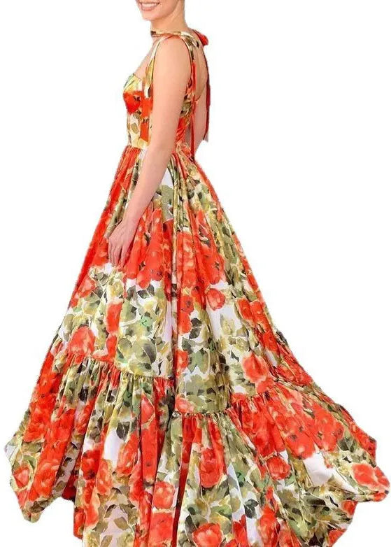 Novelty Red Print Bow Cotton Spaghetti Strap Dress Sleeveless