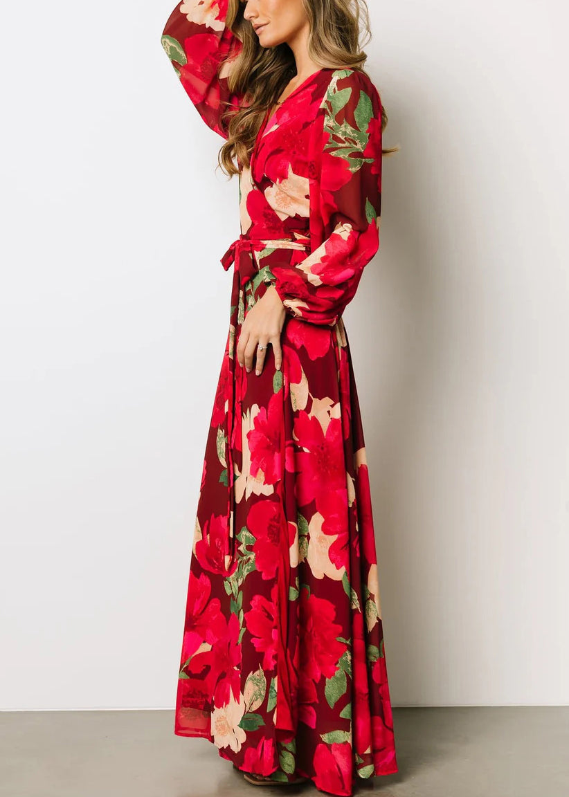 Red Print Side Open Cotton Maxi Dresses Fall