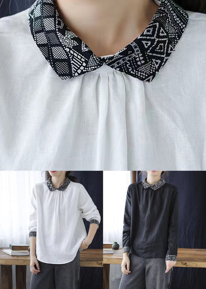 White Peter Pan Collar Patchwork Linen Blouse Tops Spring