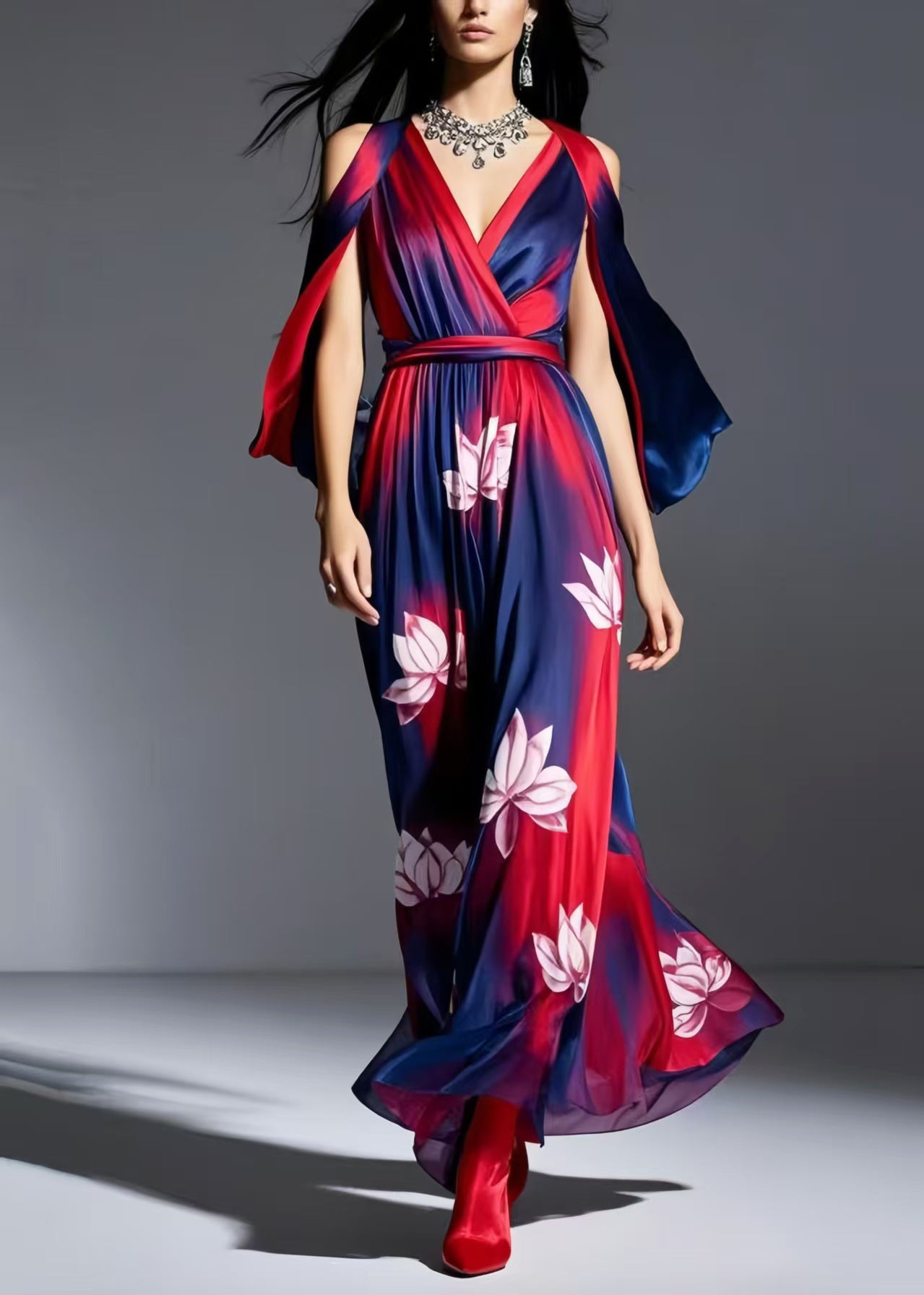 Navy Cold Shoulder Tie Dye Chiffon Dresses Summer