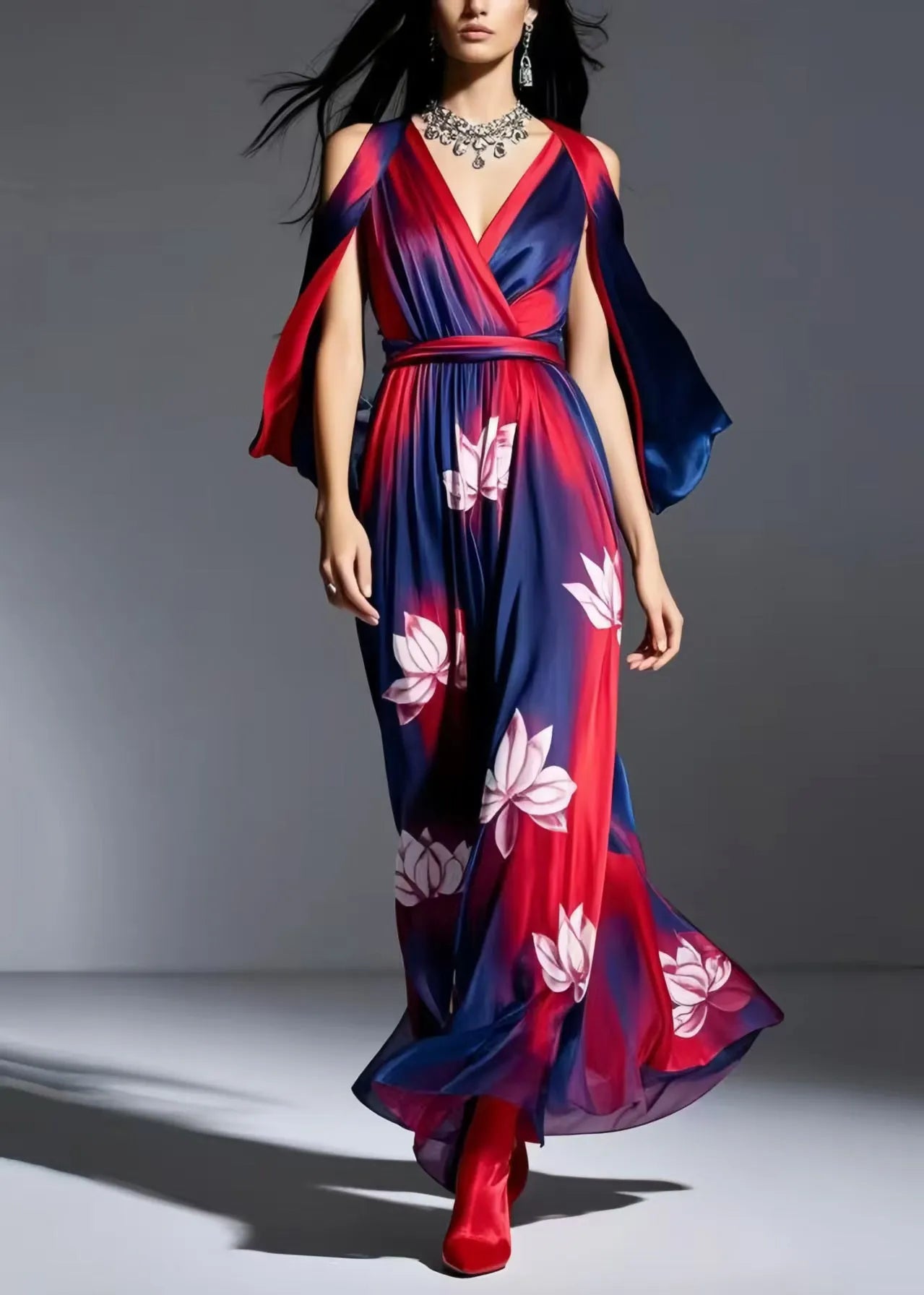 Navy Cold Shoulder Tie Dye Chiffon Dresses Summer