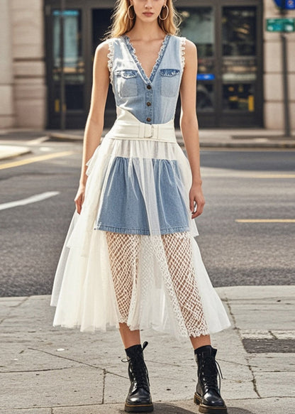 Denim Blue Ruffled Patchwork Tulle Vacation Dresses Summer