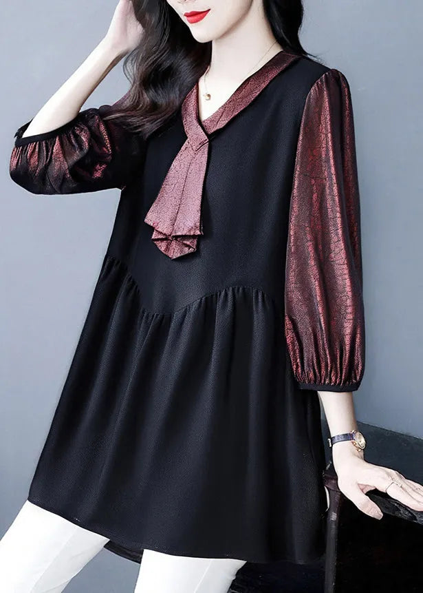 Dull Red Heart Neck Patchwork Fake Two Piece Shirt Bracelet Sleeve