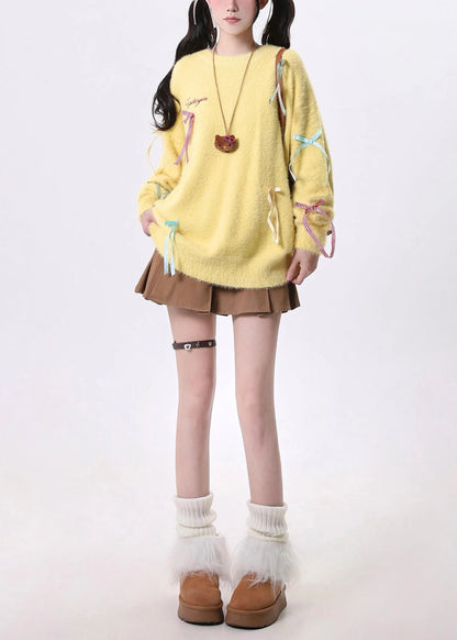 French Yellow Oversized Bow Knitted Tops Spring