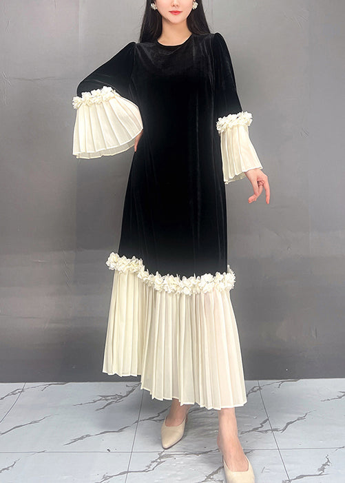 Red O Neck Chiffon Patchwork Velvet Dresses Flare Sleeve
