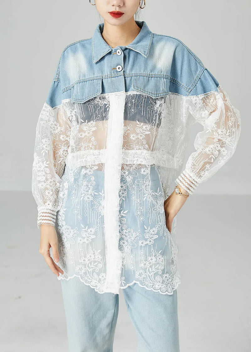 Classy Colorblock Embroidered Patchwork Hollow Out Denim Coat Outwear Summer