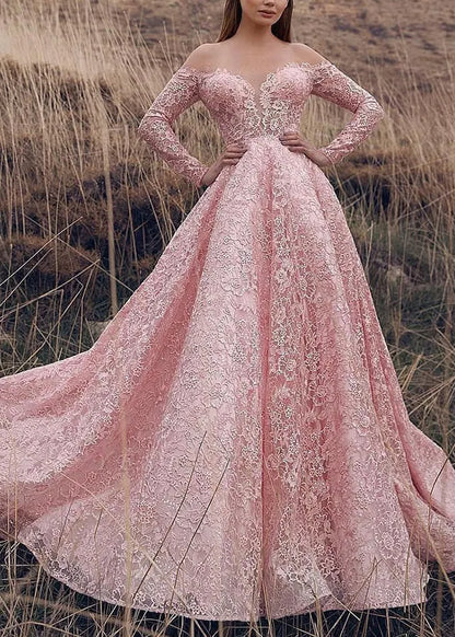 Pink Slash Neck Lace Ankle Dress Spring