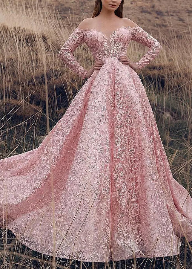 Pink Slash Neck Lace Ankle Dress Spring