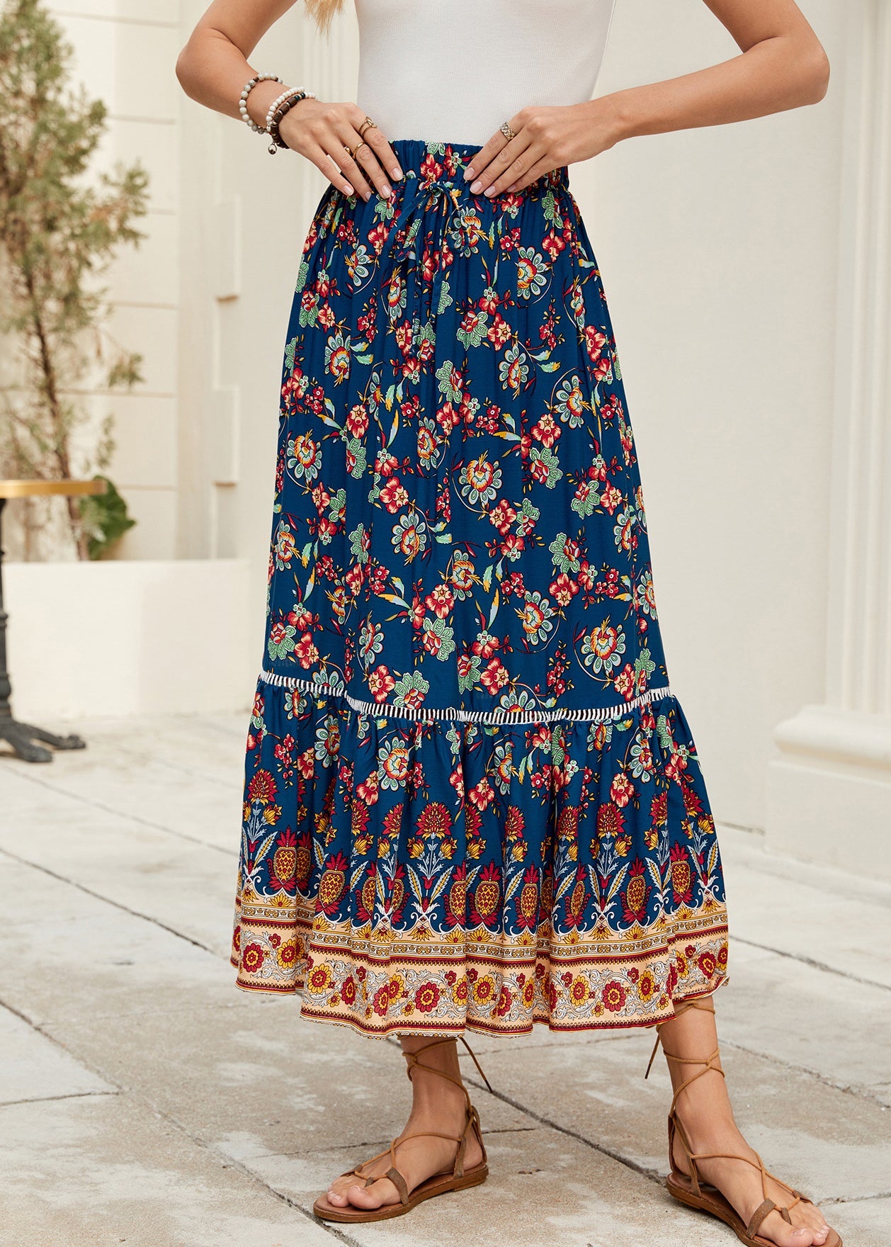 Navy Print Elastic Waist Cotton Skirt Summer