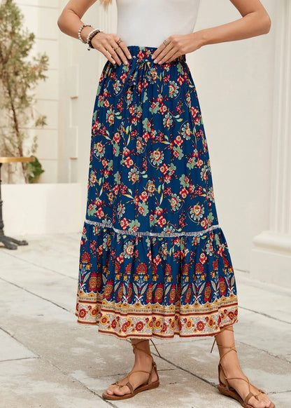 Navy Print Elastic Waist Cotton Skirt Summer