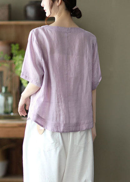 Light Purple Embroidered Linen Shirts Short Sleeve