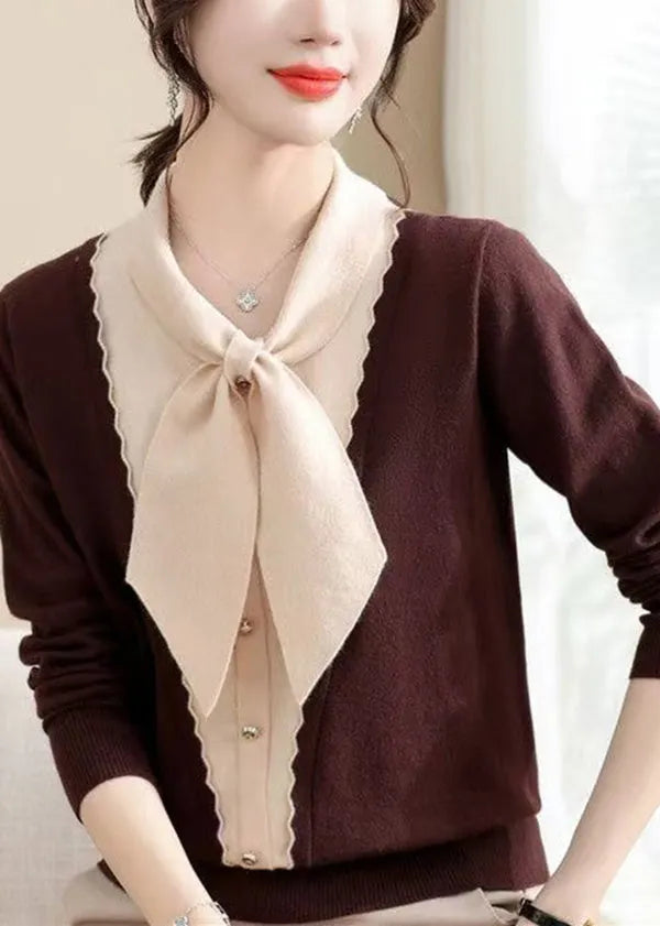 Orange Bow Patchwork Knit Sweaters Spring