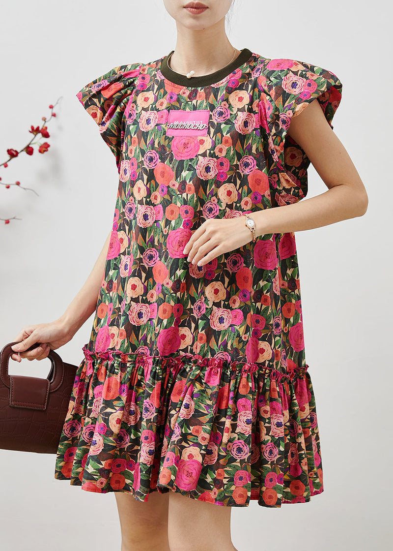French Rose Cotton Mini Dresses Petal Sleeve