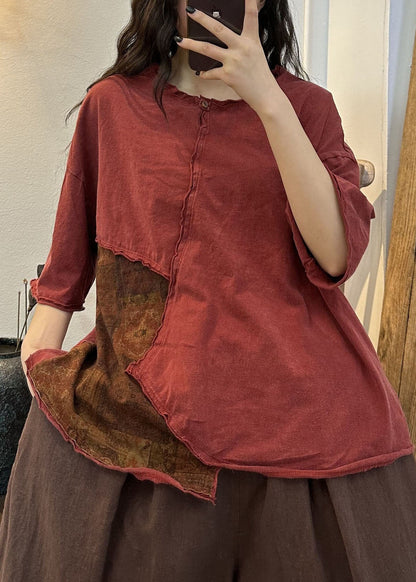 Red Asymmetrical Patchwork Cotton T Shirt Tops Summer