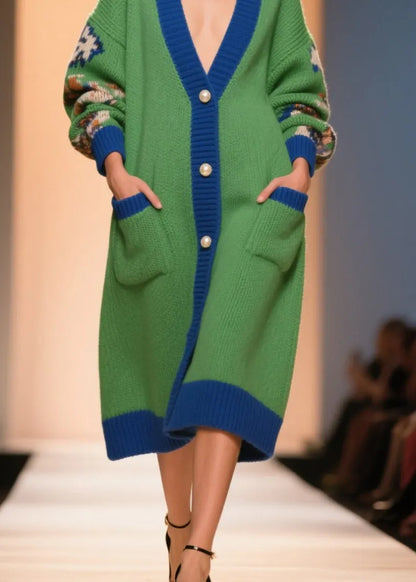 Green V Neck Print Button Knit Loose Coat Winter
