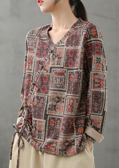 V Neck Print Drawstring Top Spring