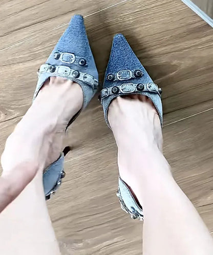 Stylish Rivet Splicing Stiletto High Heels Blue Denim Fabric Pointed Toe