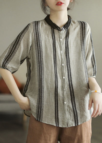 Black Grey Peter Pan Collar Print Patchwork Linen Shirt Top Summer