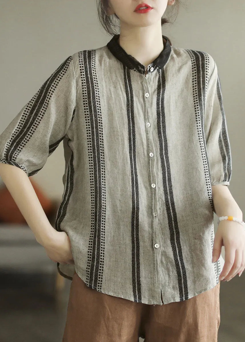 Black Grey Peter Pan Collar Print Patchwork Linen Shirt Top Summer
