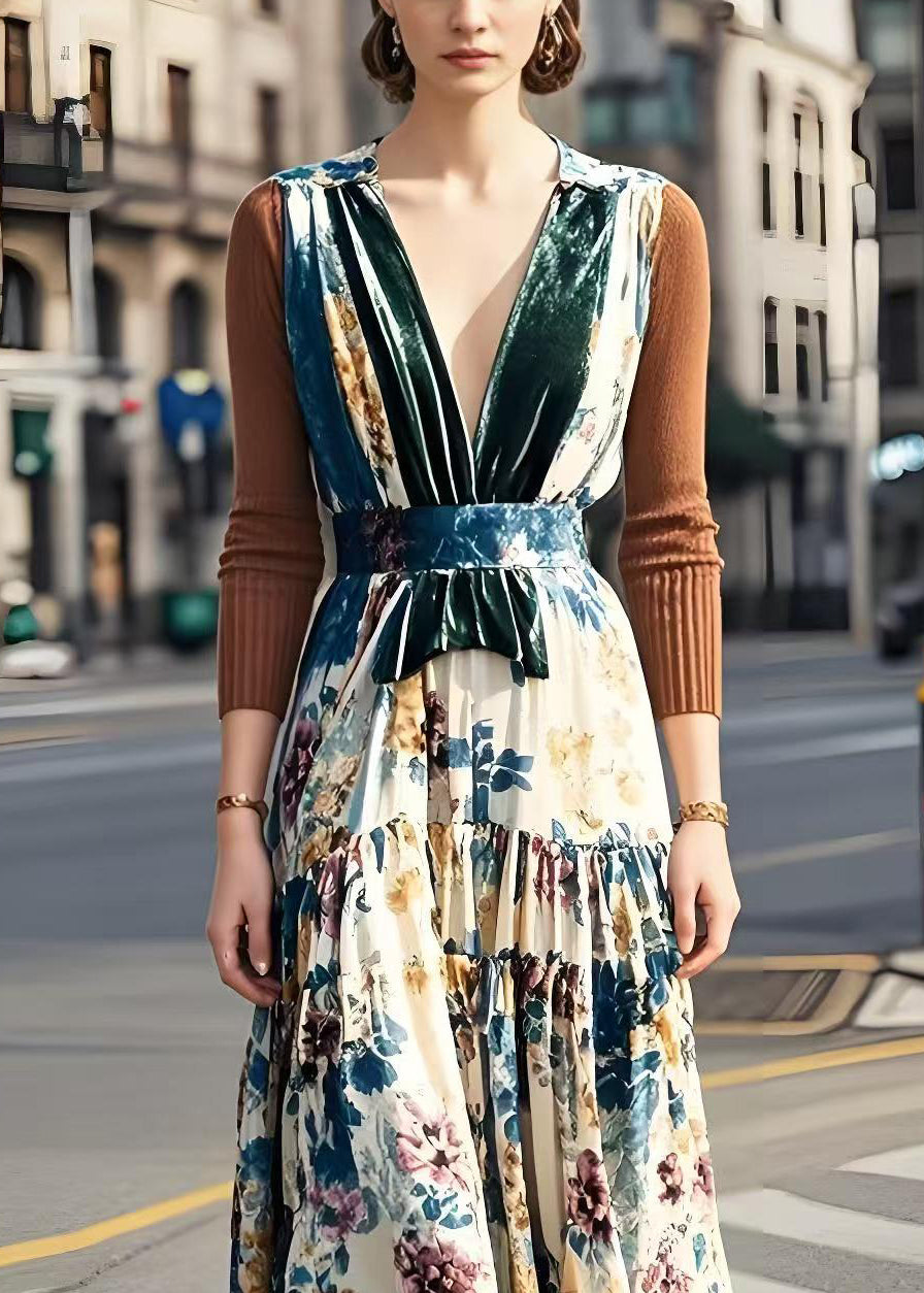 V Neck Patchwork Print Silk Velvet Long Dress Fall