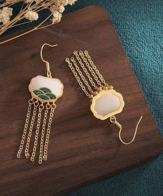 White Ancient Gold Inlaid Jade Enamel Tassel Drop Earrings